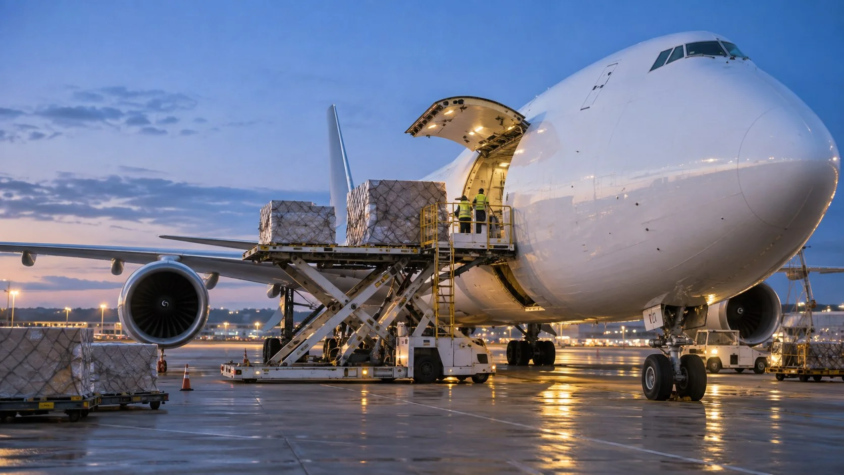 Cargo aircraft being loaded on an airport apron