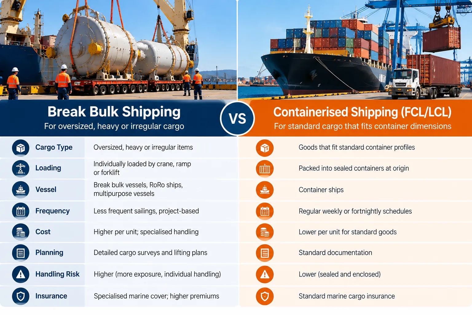 Comparison of break bulk and containerised shipping, including cargo types, vessels, handling, planning and insurance.