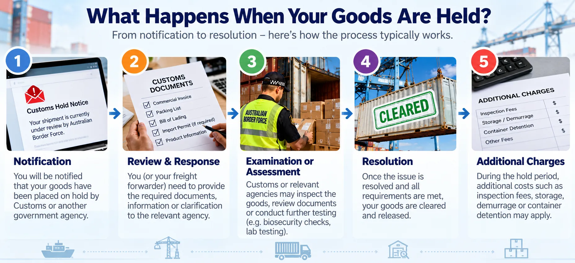 Customs hold process diagram: notification, document review and response, examination, resolution and additional charges.