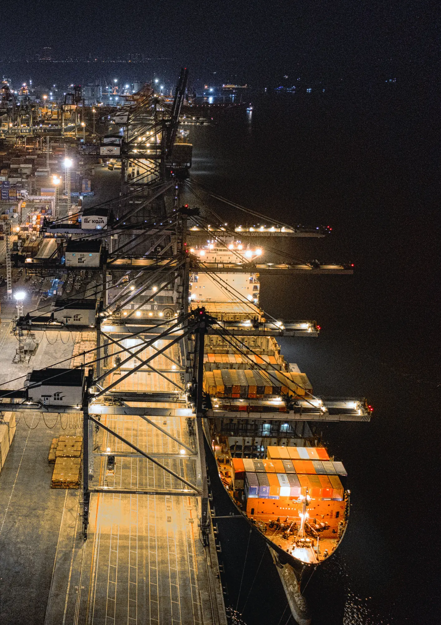 Container ship berthed beside illuminated port cranes at night.