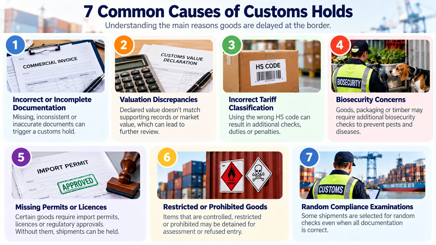 Customs hold checklist covering documentation, valuation, tariff classification, biosecurity, permits, restricted goods and compliance inspections.