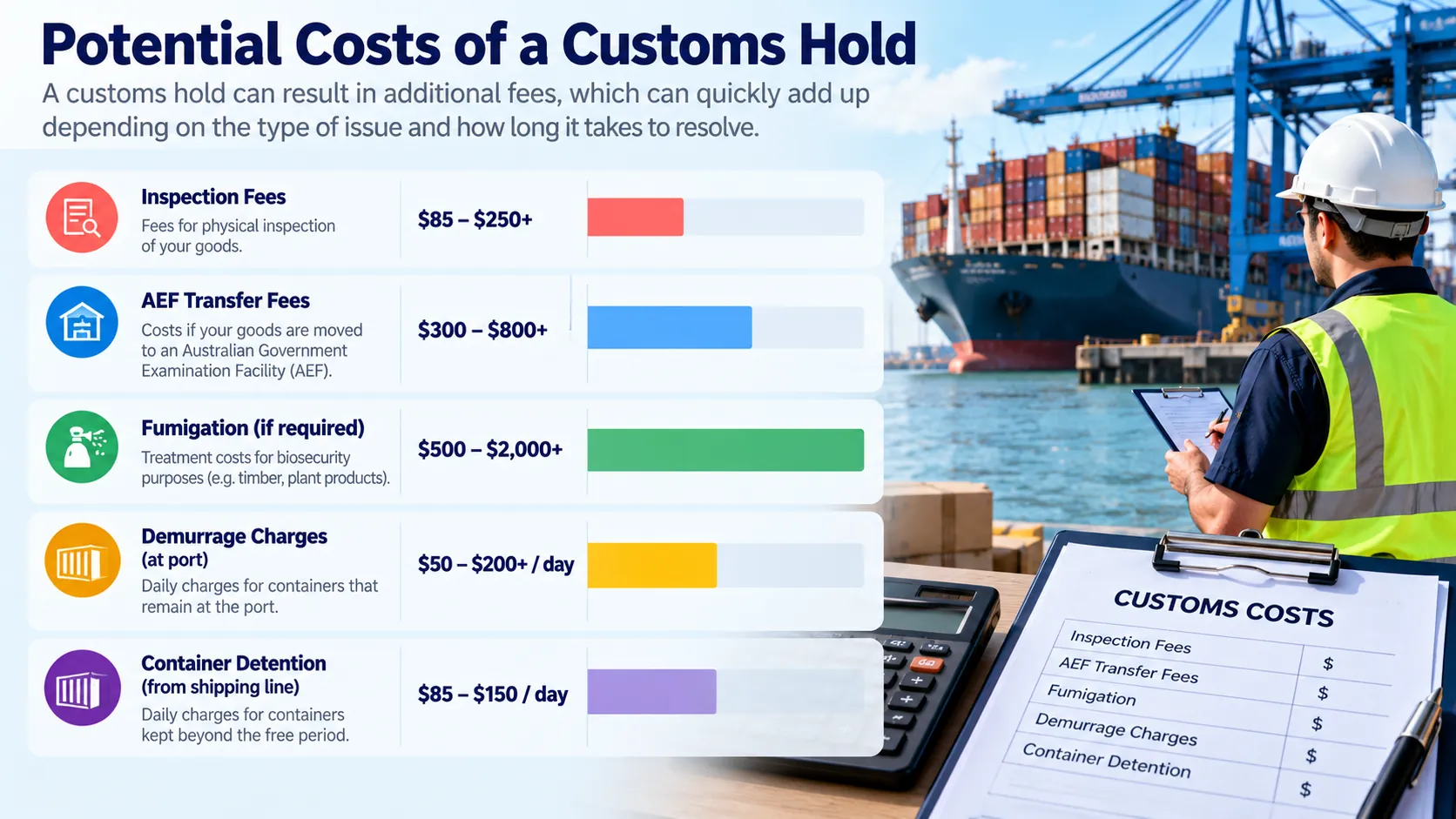 Infographic showing potential customs hold costs for inspections, transfers, fumigation, demurrage and container detention.