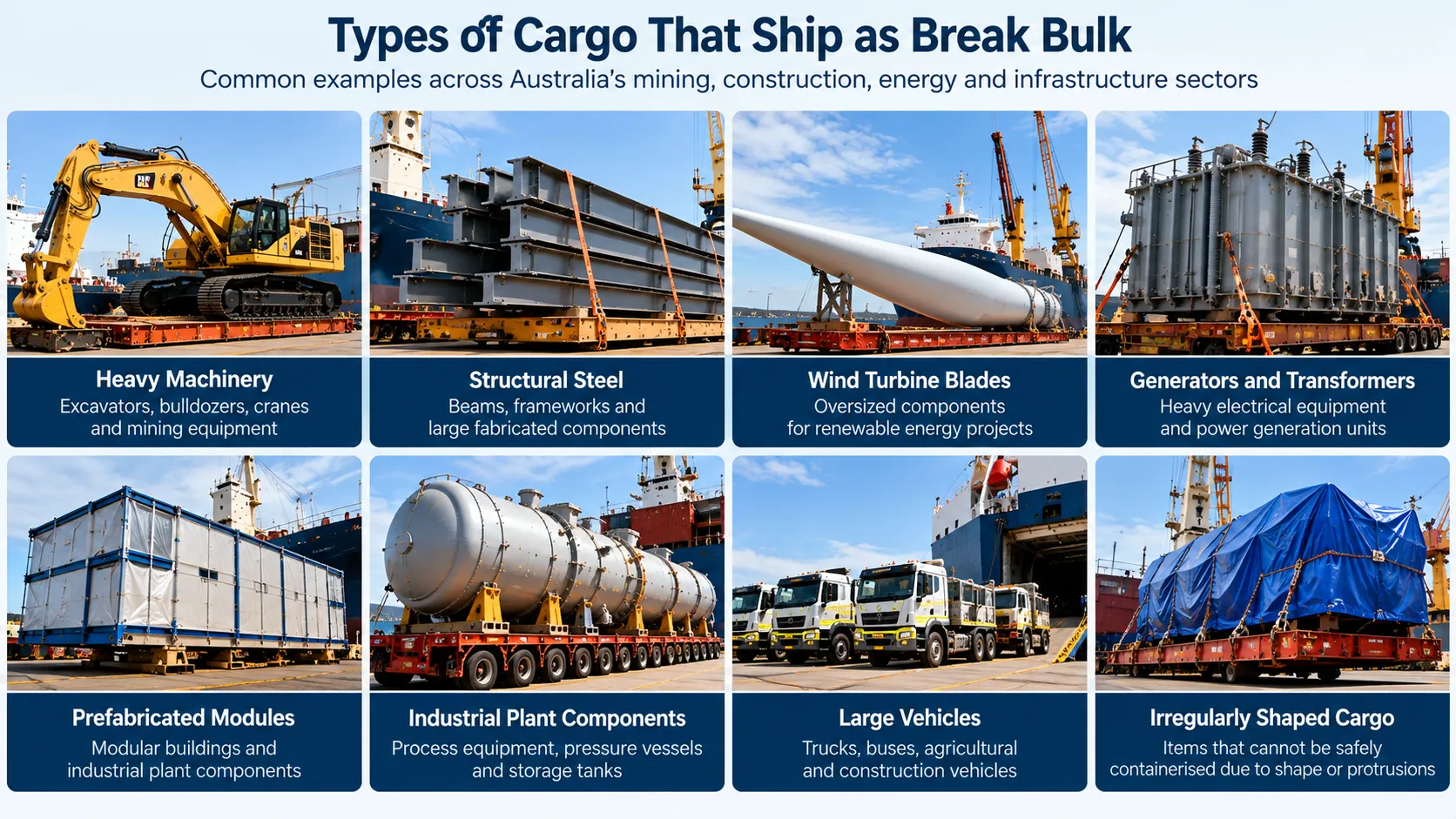 Break bulk cargo examples: machinery, structural steel, wind turbine blades, generators, prefabricated modules, industrial components and large vehicles.