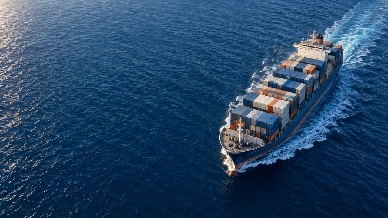 Container ship travelling through blue ocean