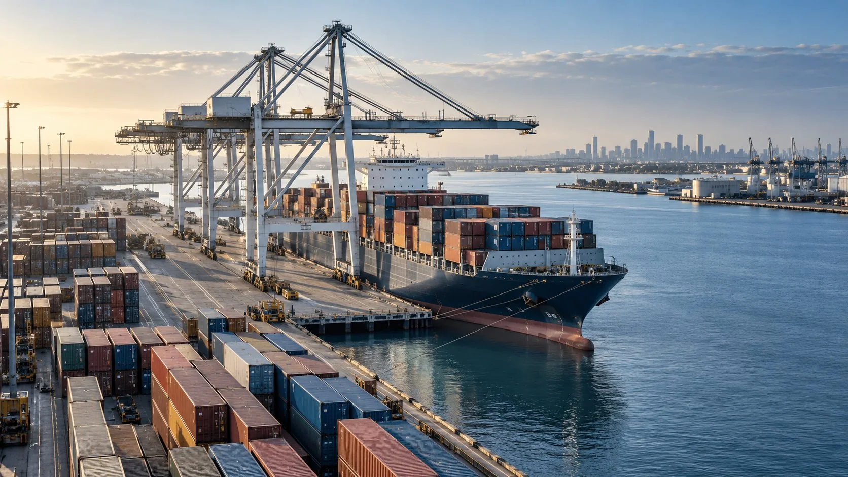 Illustration: a container ship beside terminal cranes and container stacks at an Australian-style port.