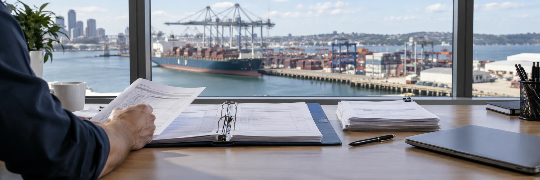 Illustrative freight-document review overlooking a working container terminal.