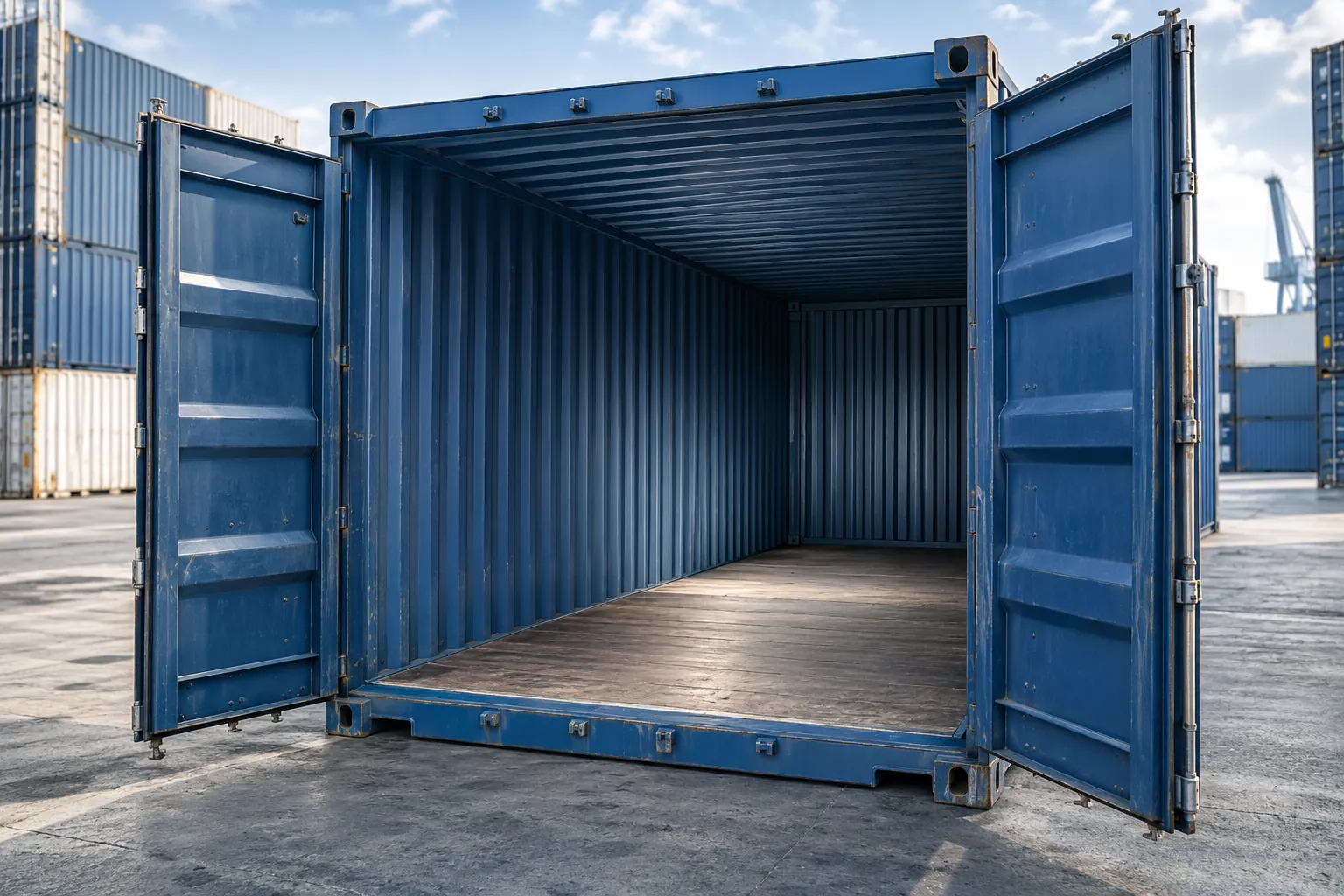 Illustration of an open empty blue shipping container.