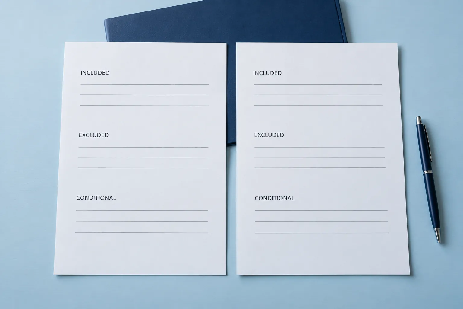 Illustration of two quote-comparison sheets covering included, excluded and conditional charges.