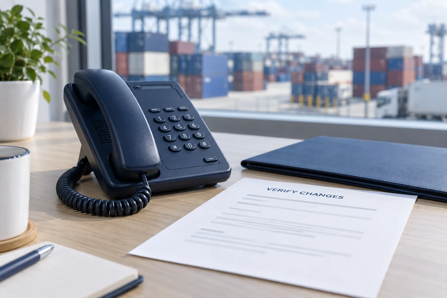 Illustration of an office telephone beside a shipment-instruction verification sheet.