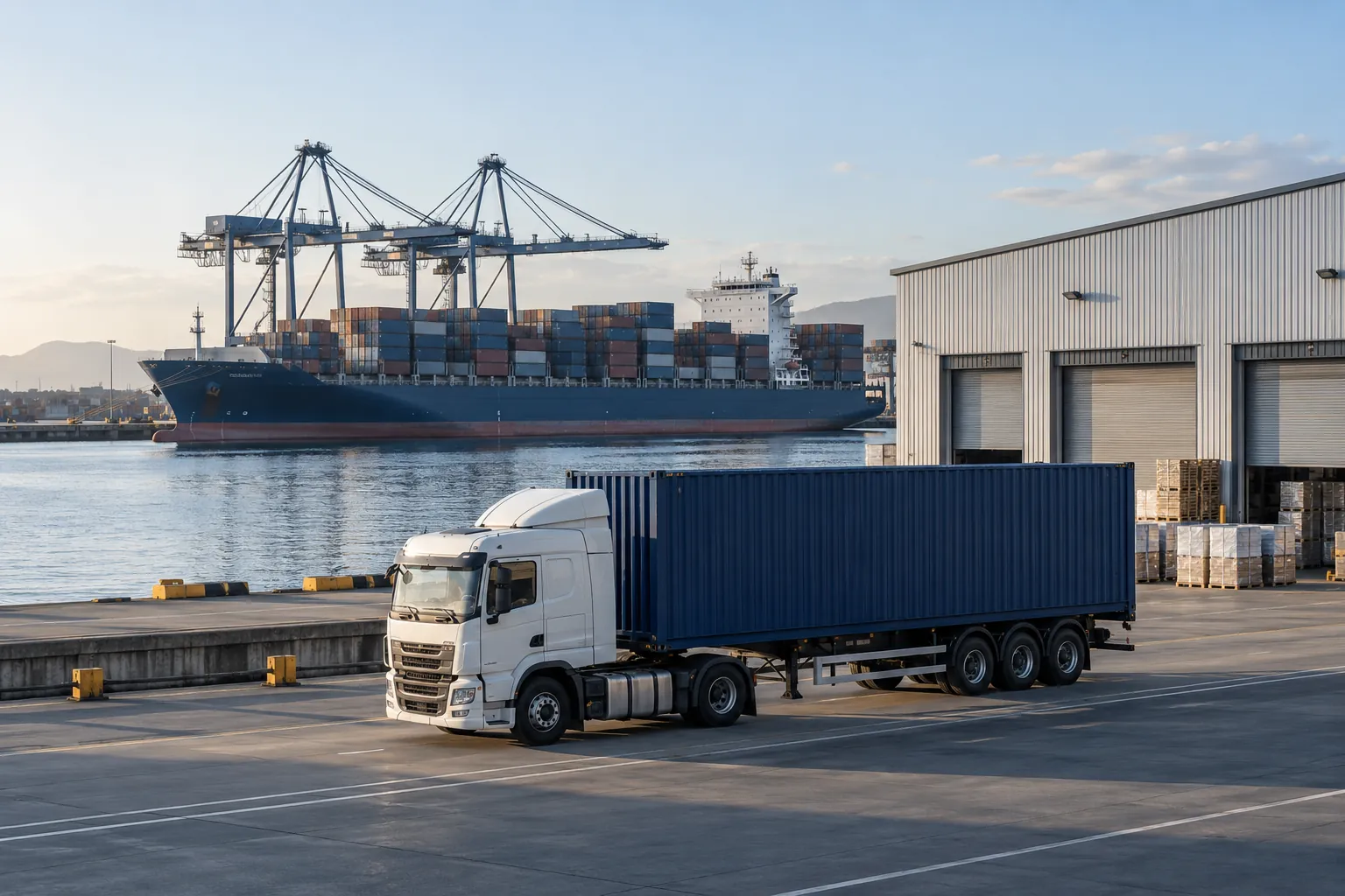 Illustration of a container truck on land, a warehouse and a vessel afloat at a port.