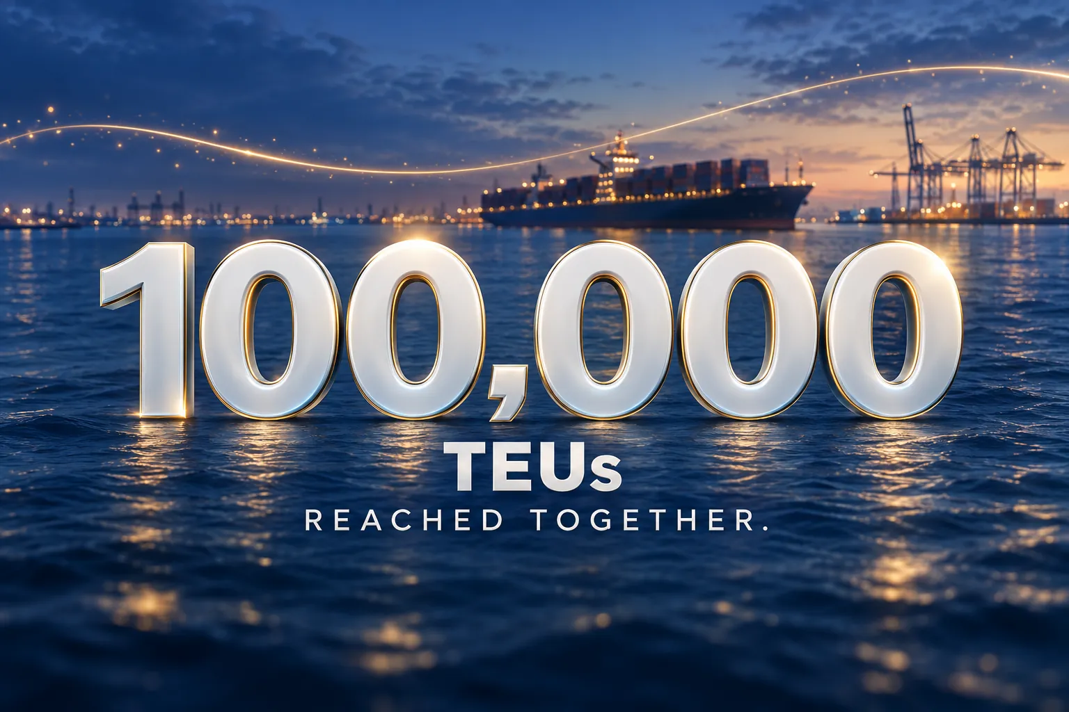 Celebratory artwork reading 100,000 TEUs, Reached Together, against a blue-hour port with gold accents.