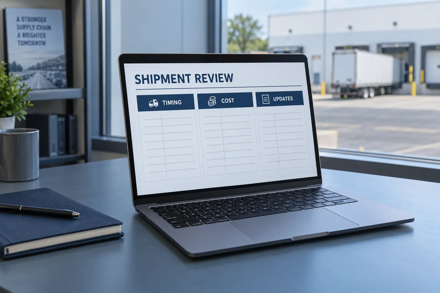 Illustrative shipment-review template covering timing, cost and updates on a laptop.