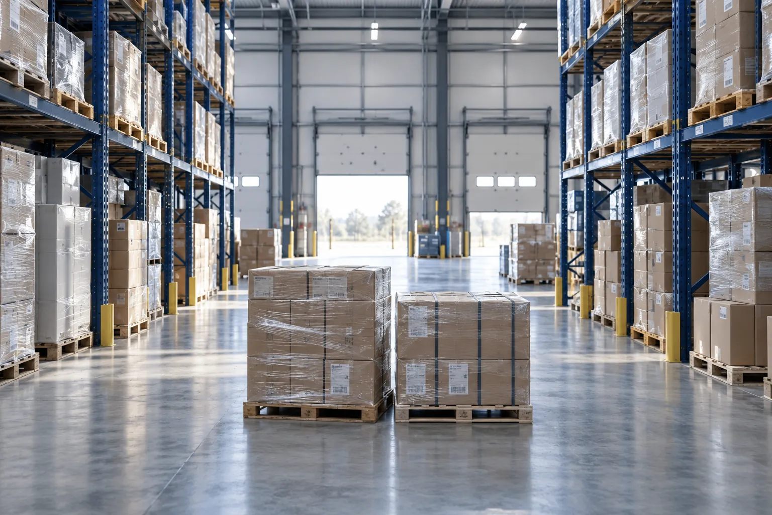Illustration of boxed stock and wrapped pallets prepared in an orderly warehouse.