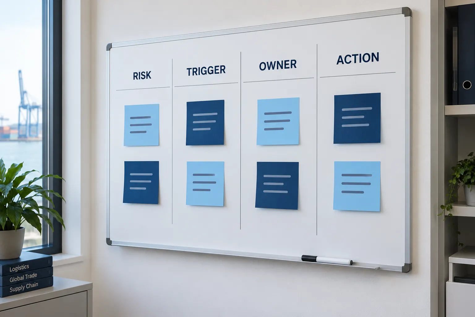 Illustrative planning board with columns for risk, trigger, owner and action.