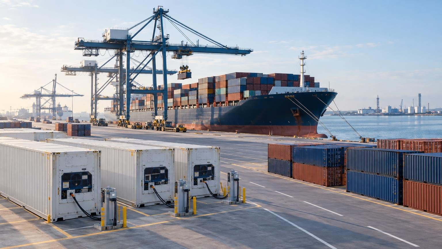 Illustration: Unbranded container ship beside quay cranes, with refrigerated and standard containers at a port terminal.